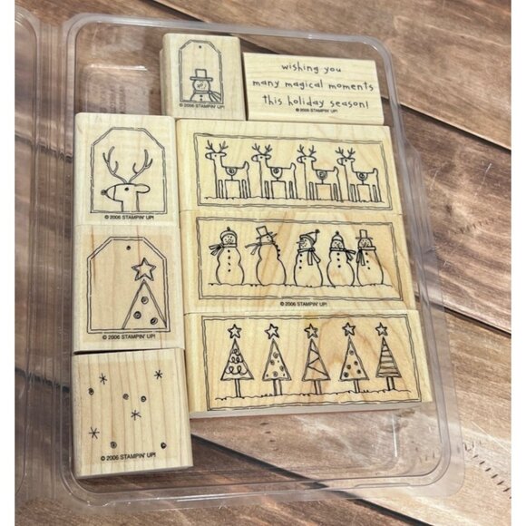 2006 STAMPIN' UP! FESTIVE FAVORITES WOOD MOUNTED RUBBER STAMP SET OF 8 HOLIDAY - Picture 1 of 5